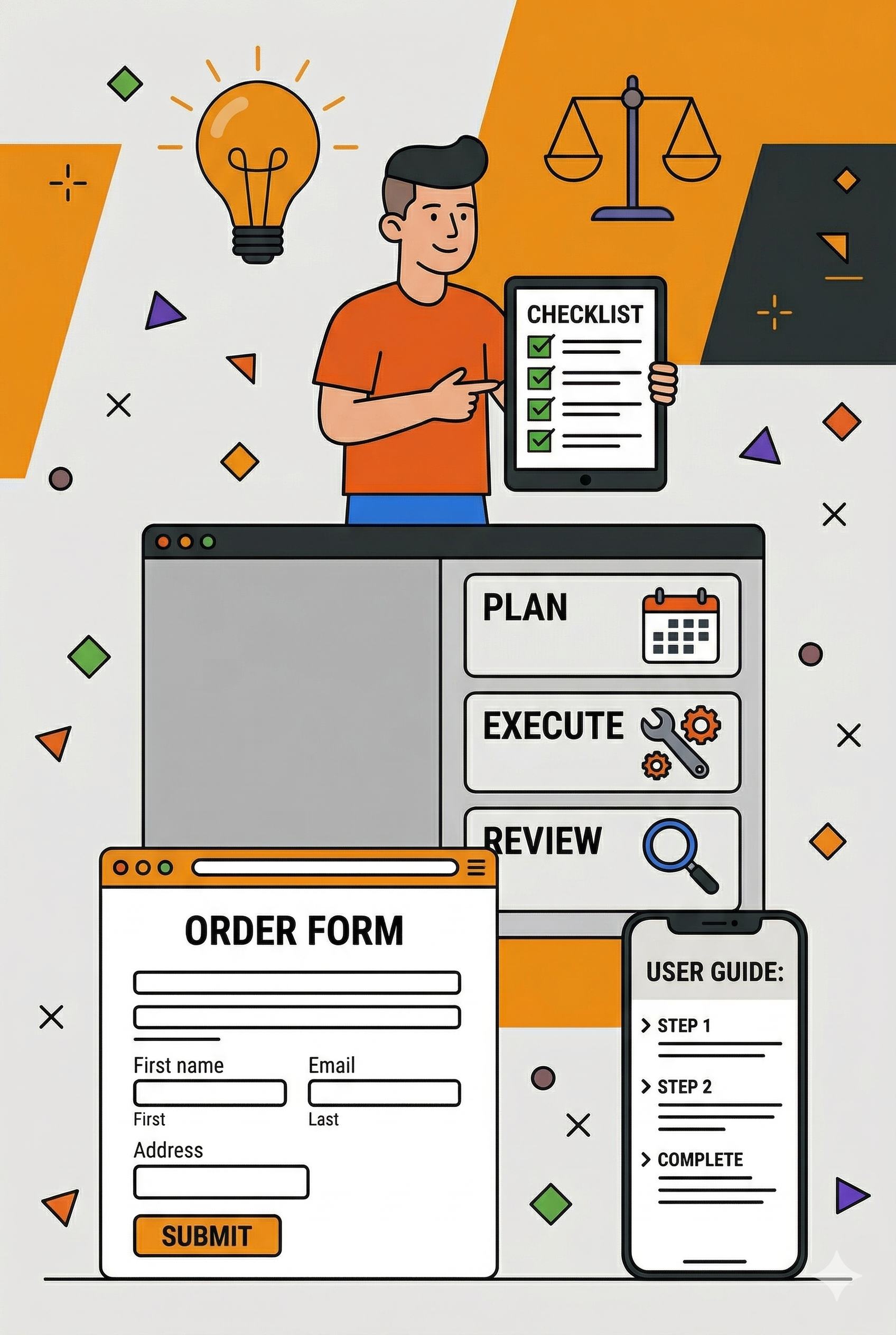Иллюстрация: специалист с чеклистом и инструментами планирования