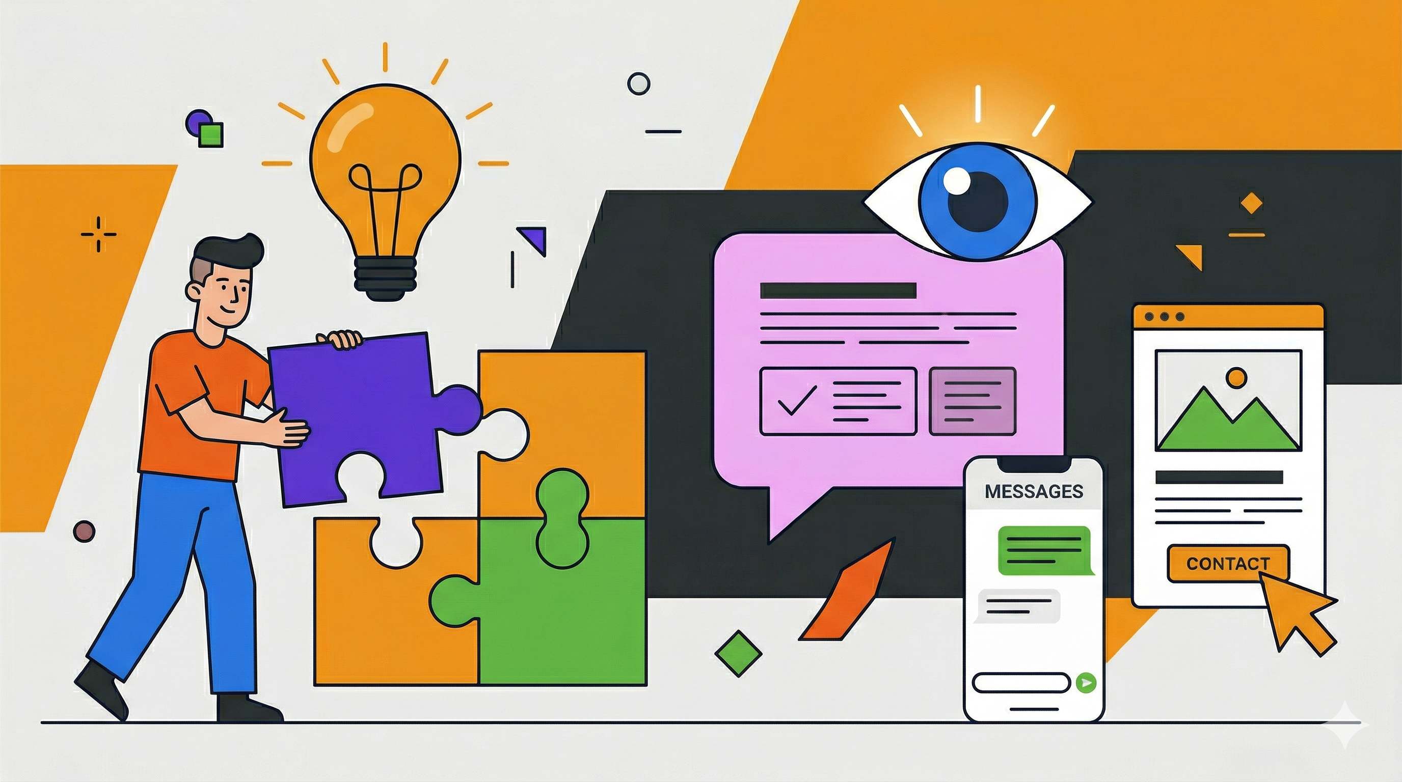 Иллюстрация: специалист собирает элементы своего присутствия в интернете